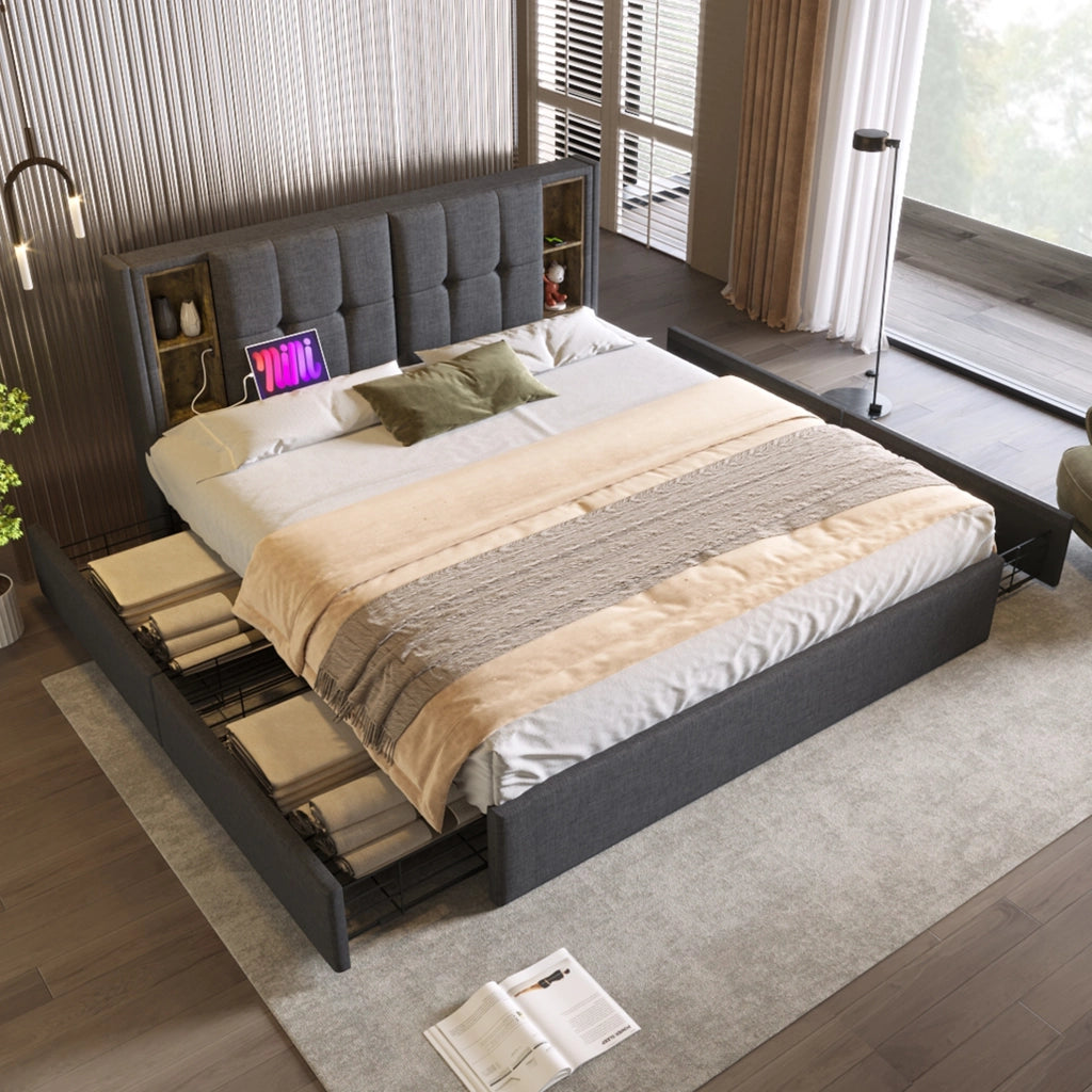 Letto Matrimoniale 160x200 cm con Ricarica Wireless USB-C, 4 Cassetti e Testiera in Lino Grigio Senza Materasso