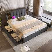 Letto Matrimoniale 160x200 cm con Ricarica Wireless USB-C, 4 Cassetti e Testiera in Lino Grigio Senza Materasso