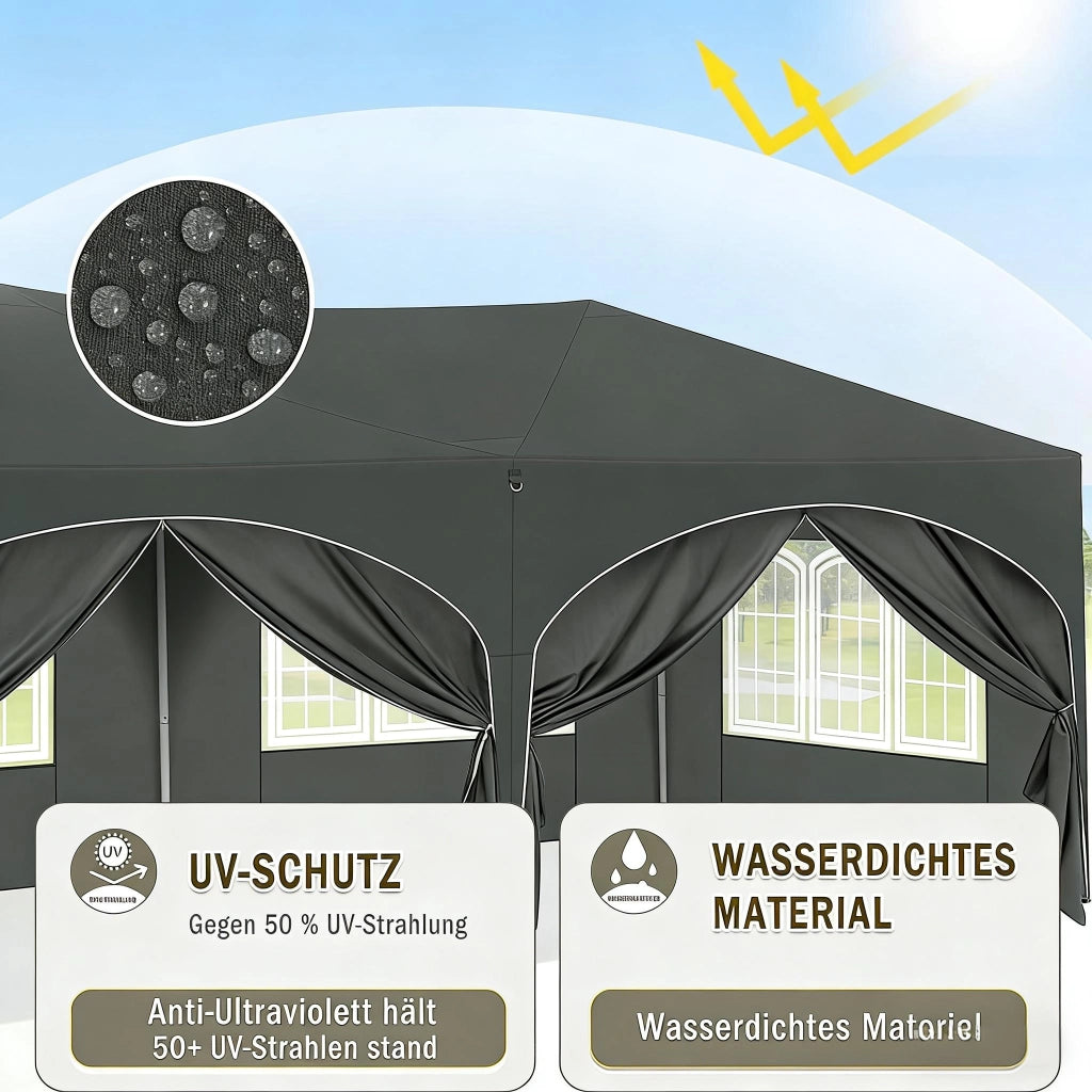 Gazebo pieghevole 3 × 6 m con 6 pareti rimovibili; telo Oxford 210D idrorepellente grigio con protezione UV 50+