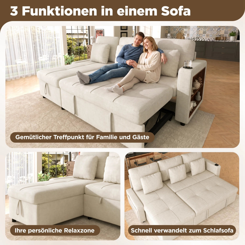 Divano letto 3 posti estraibile con vano contenitore, portabicchieri e ripiano in ciniglia beige chiaro