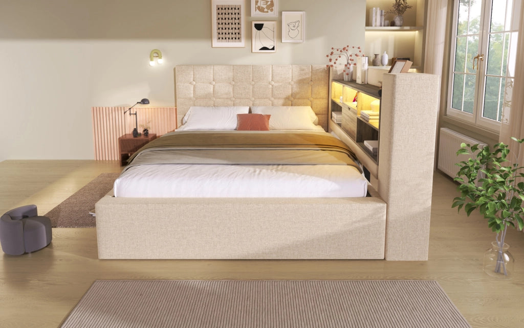Letto Polsterato 140x200 cm con Illuminazione LED, Contenitore Idraulico e Testiera a L Montabile a Destra o Sinistra, Tessuto in Lino Beige (Senza Materasso)