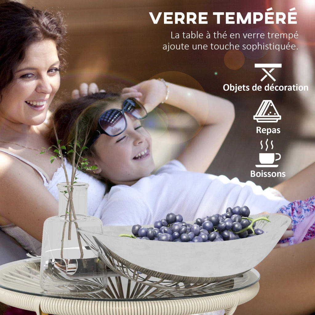 Tavolino da giardino rotondo ¨C zephmum ¨C resina effetto rattan, metallo, piano in vetro temperato, crema, ? 50 x 50 cm
