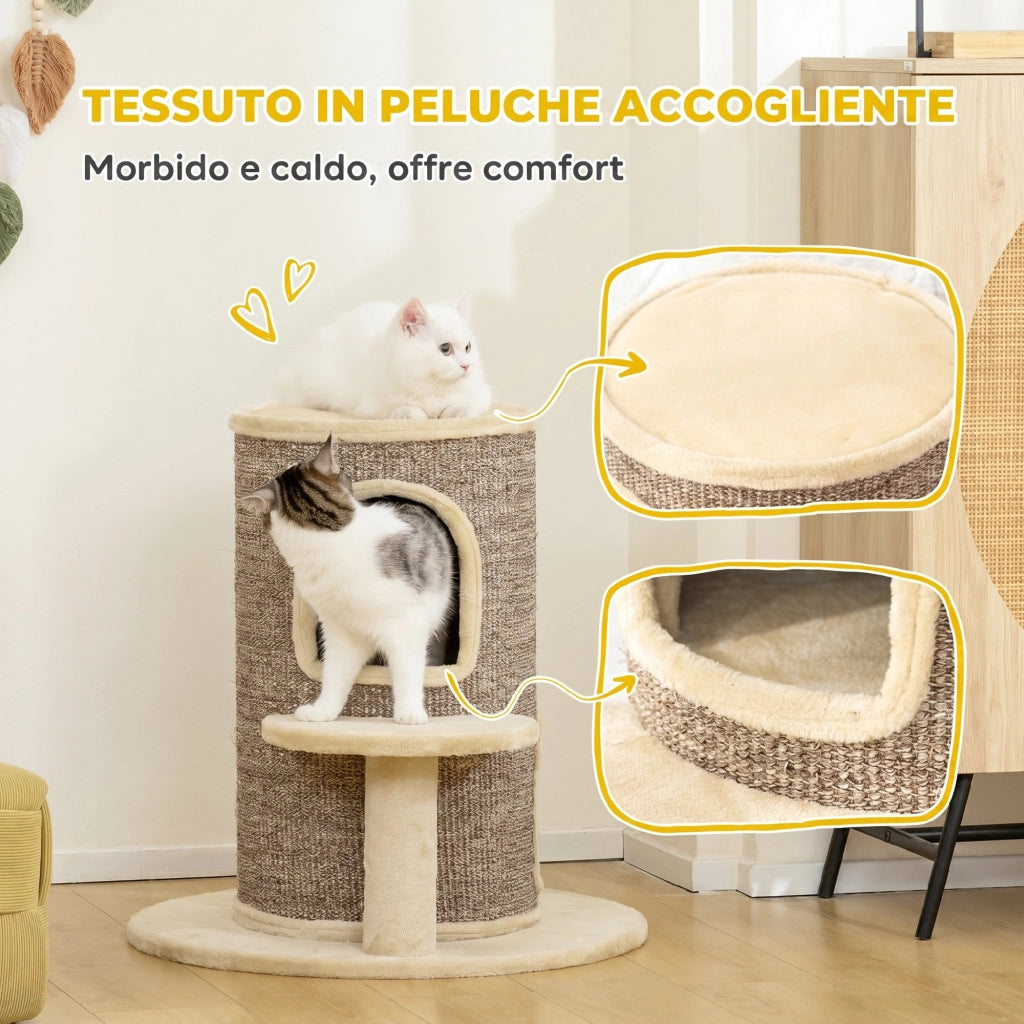 Torre per Gatti a 2 Livelli 60x60x61 cm con 2 Nascondigli Piattaforma Superficie in Sisal Beige e Marrone