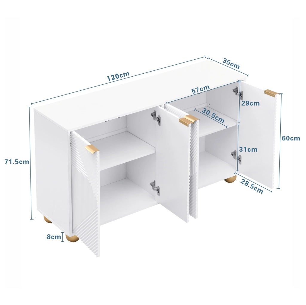 Credenza bianca a quattro ante 120 x 35 x 71;5 cm in MDF con gambe sferiche