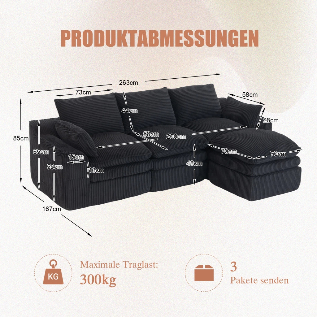 Divano modulare 3 posti in corduroy con pouf; tasche laterali; 263x167x85 cm; nero