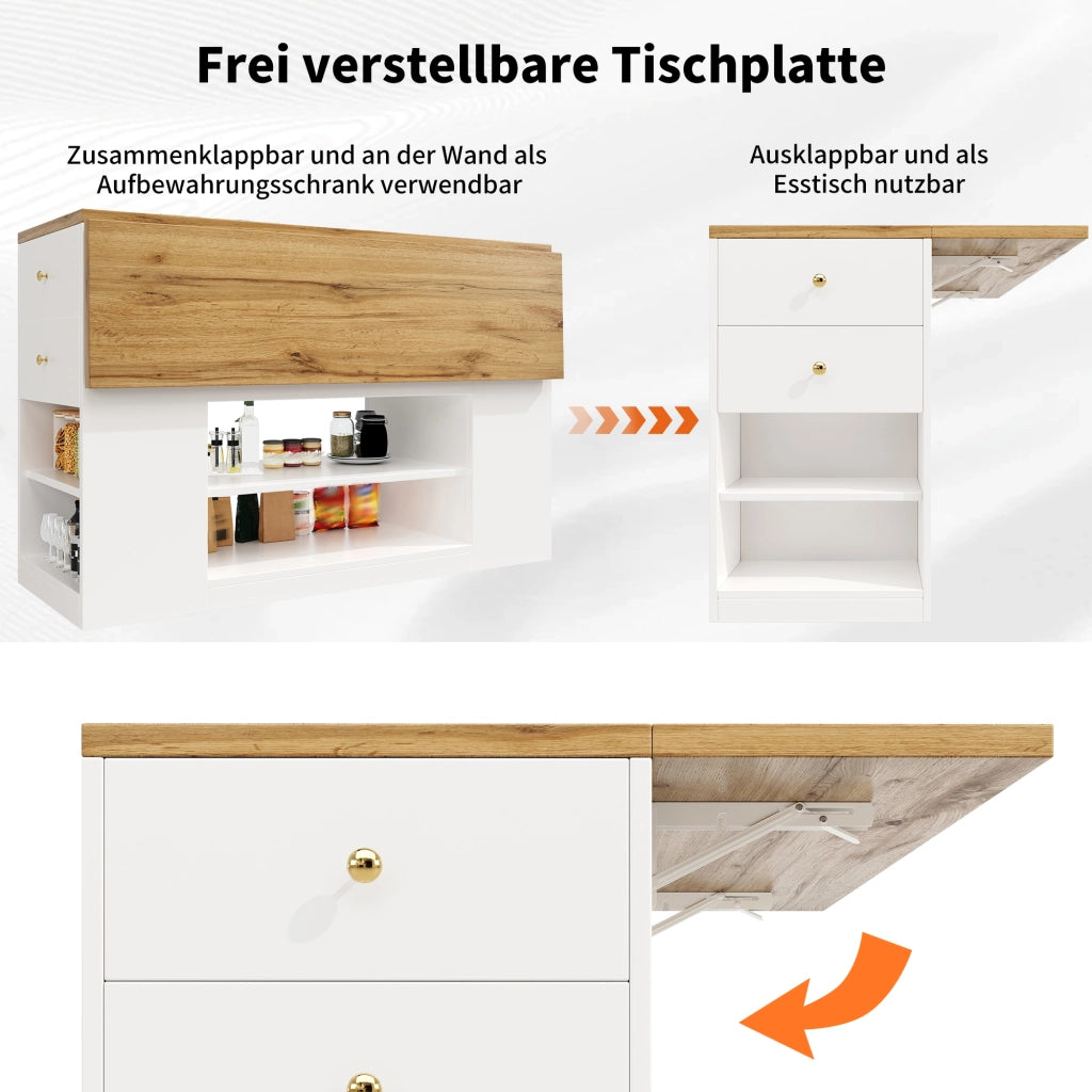 Isola da cucina con piano pieghevole armadio a 2 ante cassetti e ripiani in MDF bianco e metallo
