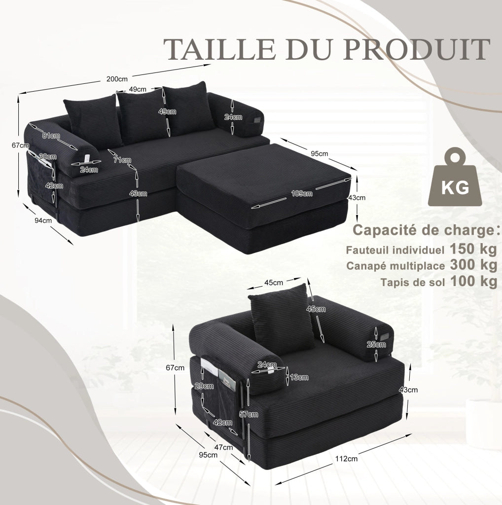 Divano modulare in corduroy con pouf; nero