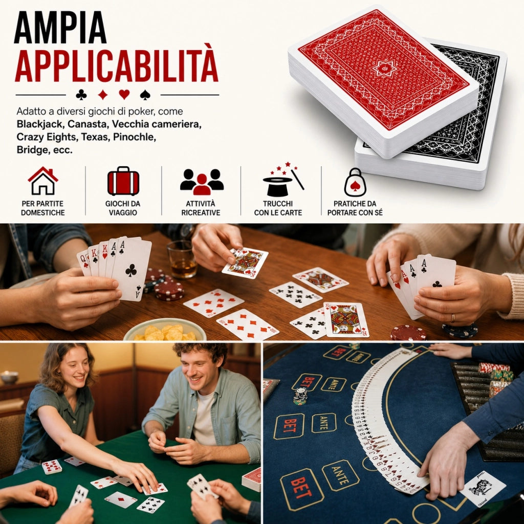 2 Mazzi Carte da Gioco Francesi Plastificate per Poker Ramino Burraco Scala 40