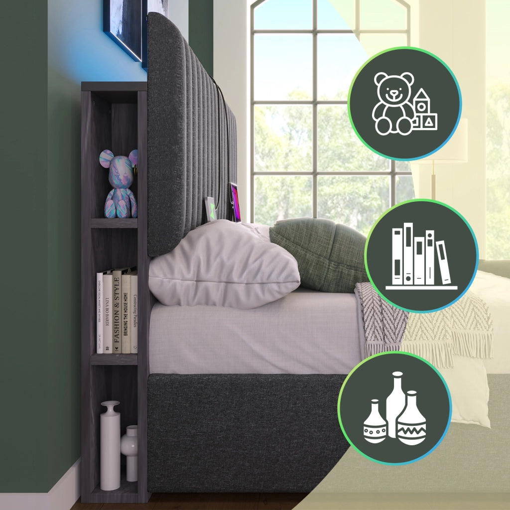 Letto contenitore 160 × 200 cm con testiera imbottita LED USB e Type C in grigio