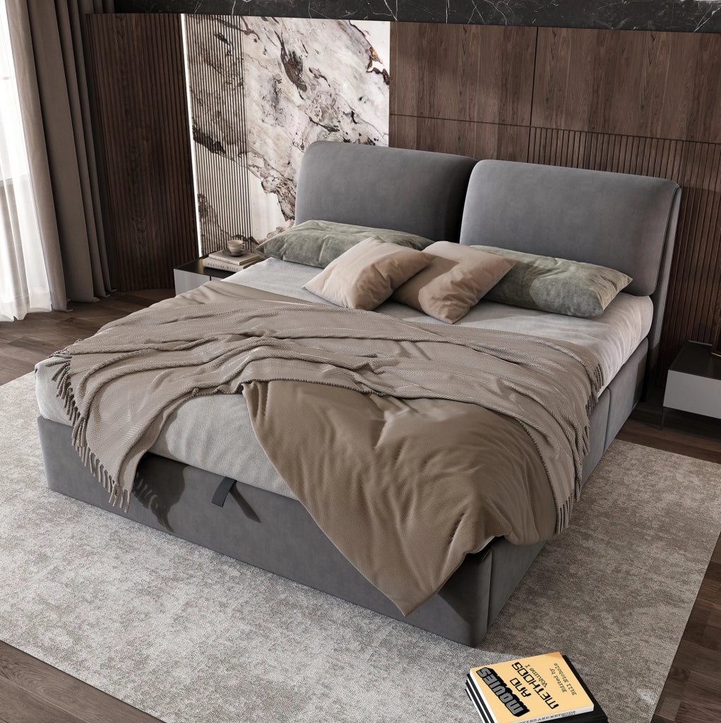 Letto imbottito 180x200 cm con contenitore idraulico, 3 cassetti e testiera in velluto grigio, senza materasso