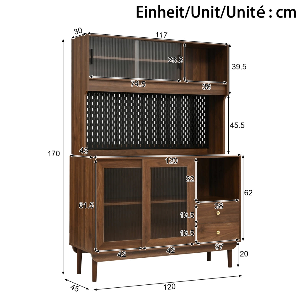 Credenza da cucina 117x30x170 cm con ante scorrevoli in vetro rigato e cassetti noce HAVRYA