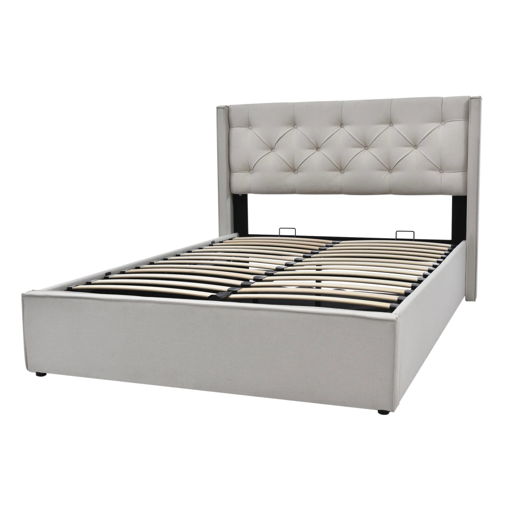 Letto 160x200 cm con contenitore e sollevamento idraulico in cotone grigio chiaro