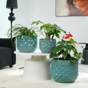Set di 3 vasi in ceramica smaltata fatti a mano, diametri 36/29,5/21,5 cm, colore turchese con motivo a diamante, con fori di drenaggio, per interno ed esterno