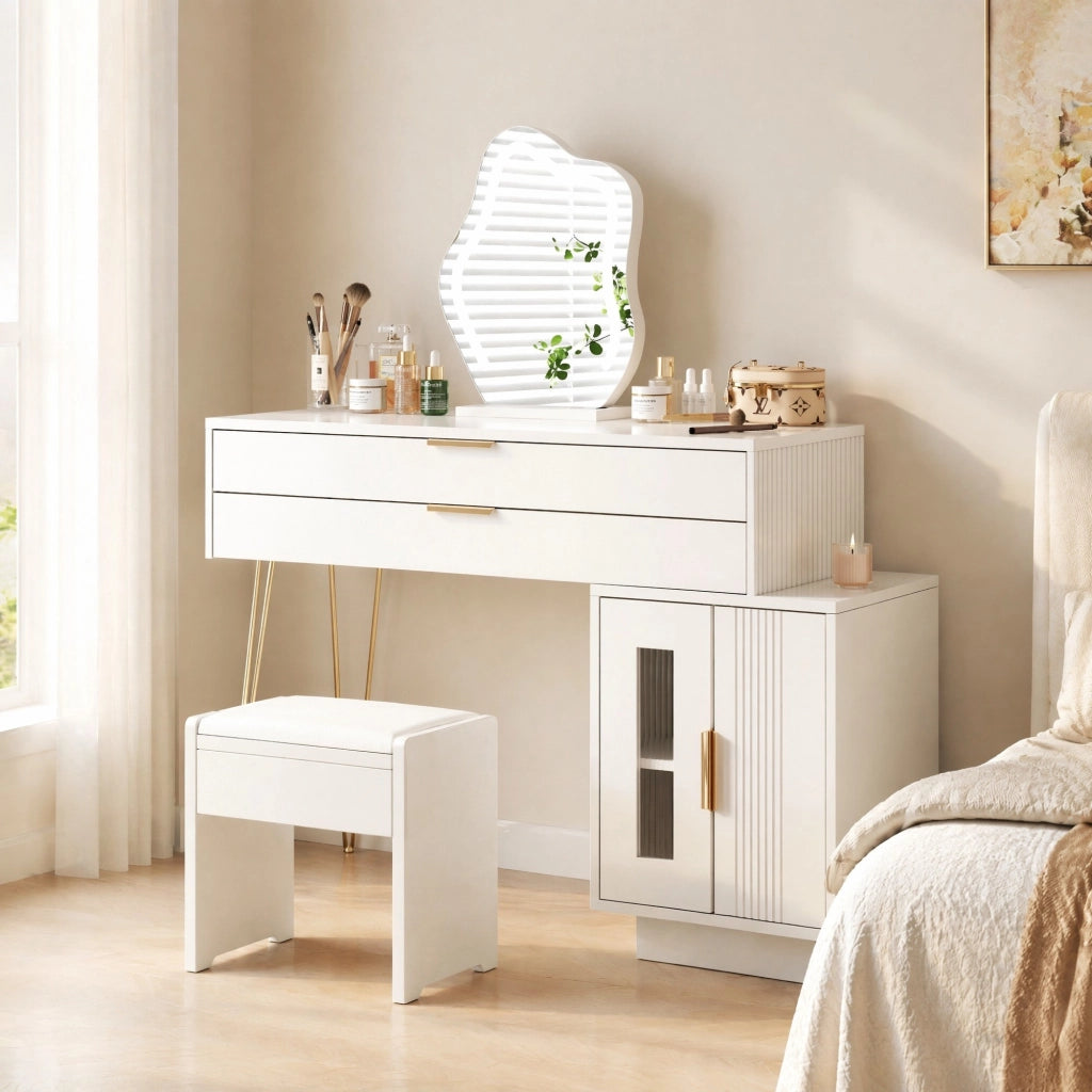 Toeletta con specchio LED 100x40 cm; 2 cassetti e modulo laterale scorrevole bianca HOMVRA
