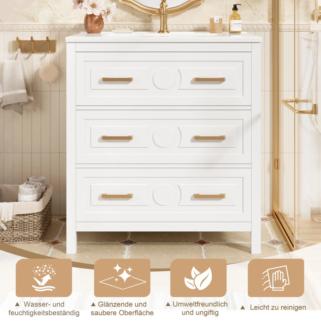 Mobiletto con lavabo in ceramica con 3 cassetti silenziosi in MDF laccato bianco 76.5 × 47 × 82 cm