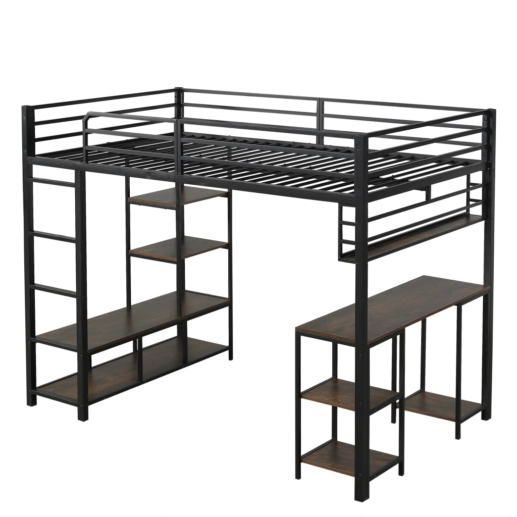 Letto a soppalco per bambini 120 × 200 cm con scrivania ripiano scala a 4 gradini metallo nero noce scuro