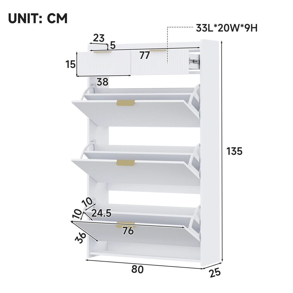 Scarpiera stretta con 3 vani a ribalta e 2 cassetti, per ingresso e corridoio, in truciolare bianco, 80 × 25 × 135 cm