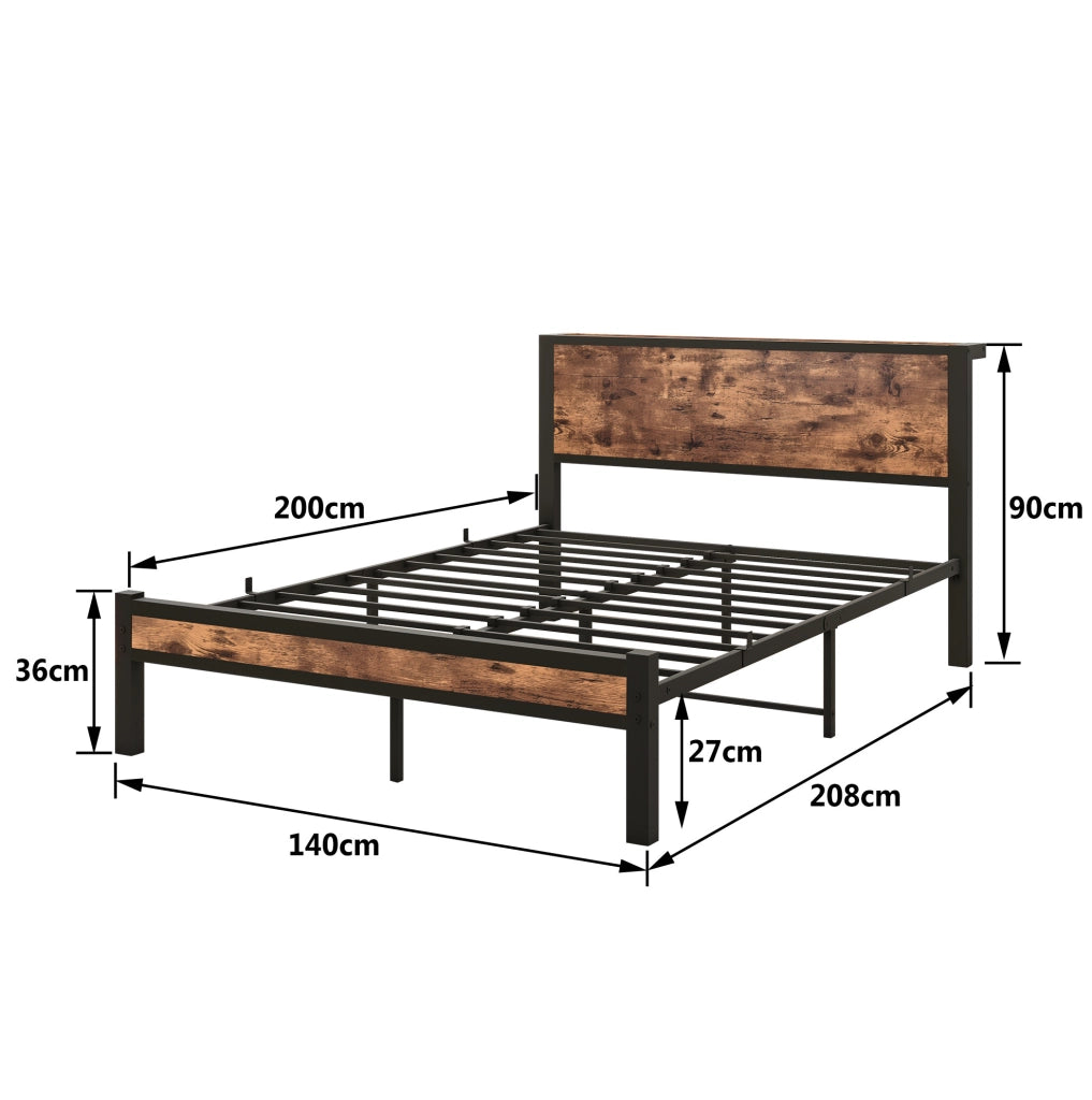 Letto singolo 140x200 cm con struttura in metallo e testiera contenitore in MDF vintage marrone