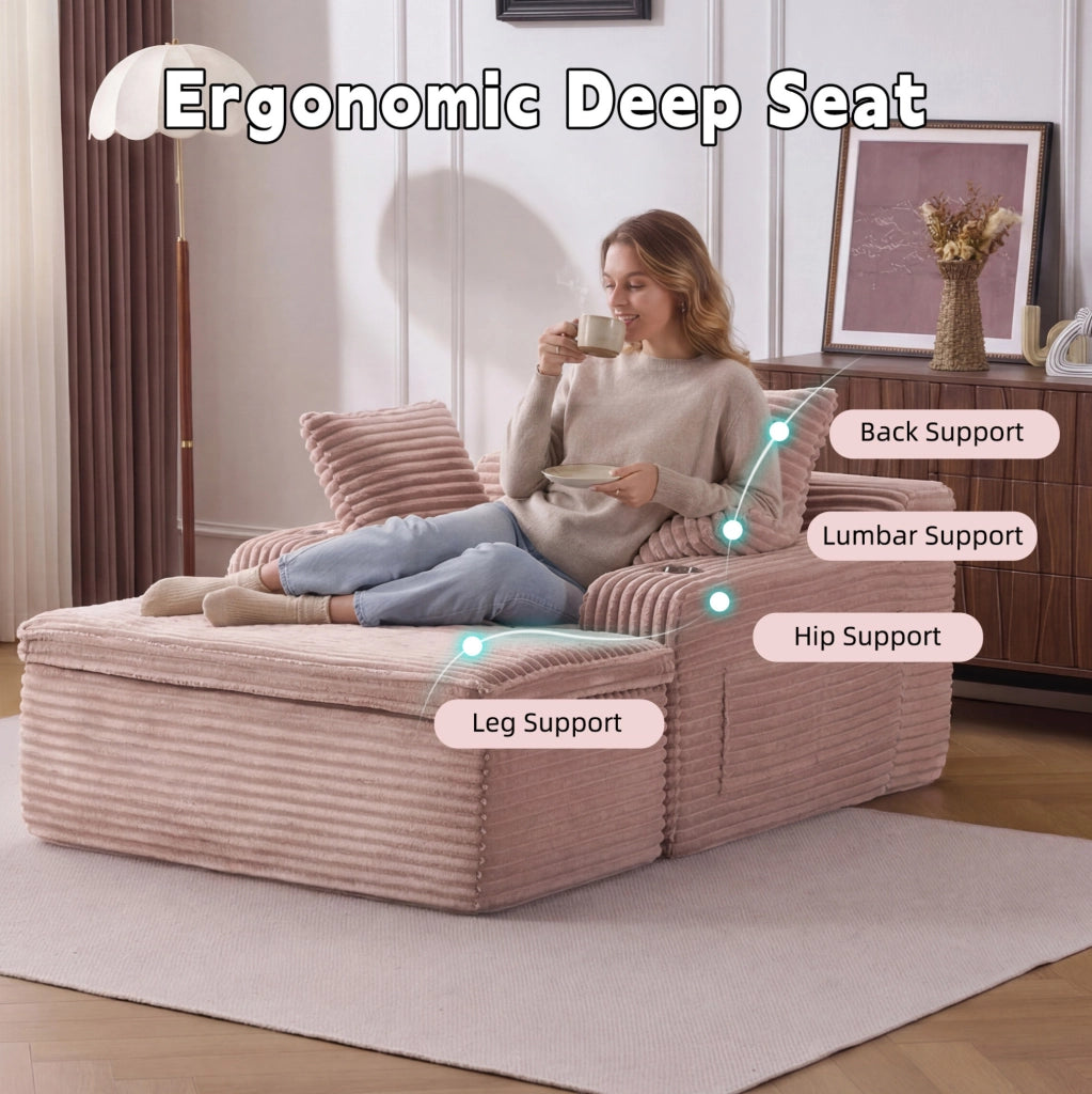 Divano letto moderno senza scheletro con chaise longue in velluto rosa, 3 cuscini e coperta inclusi, senza montaggio