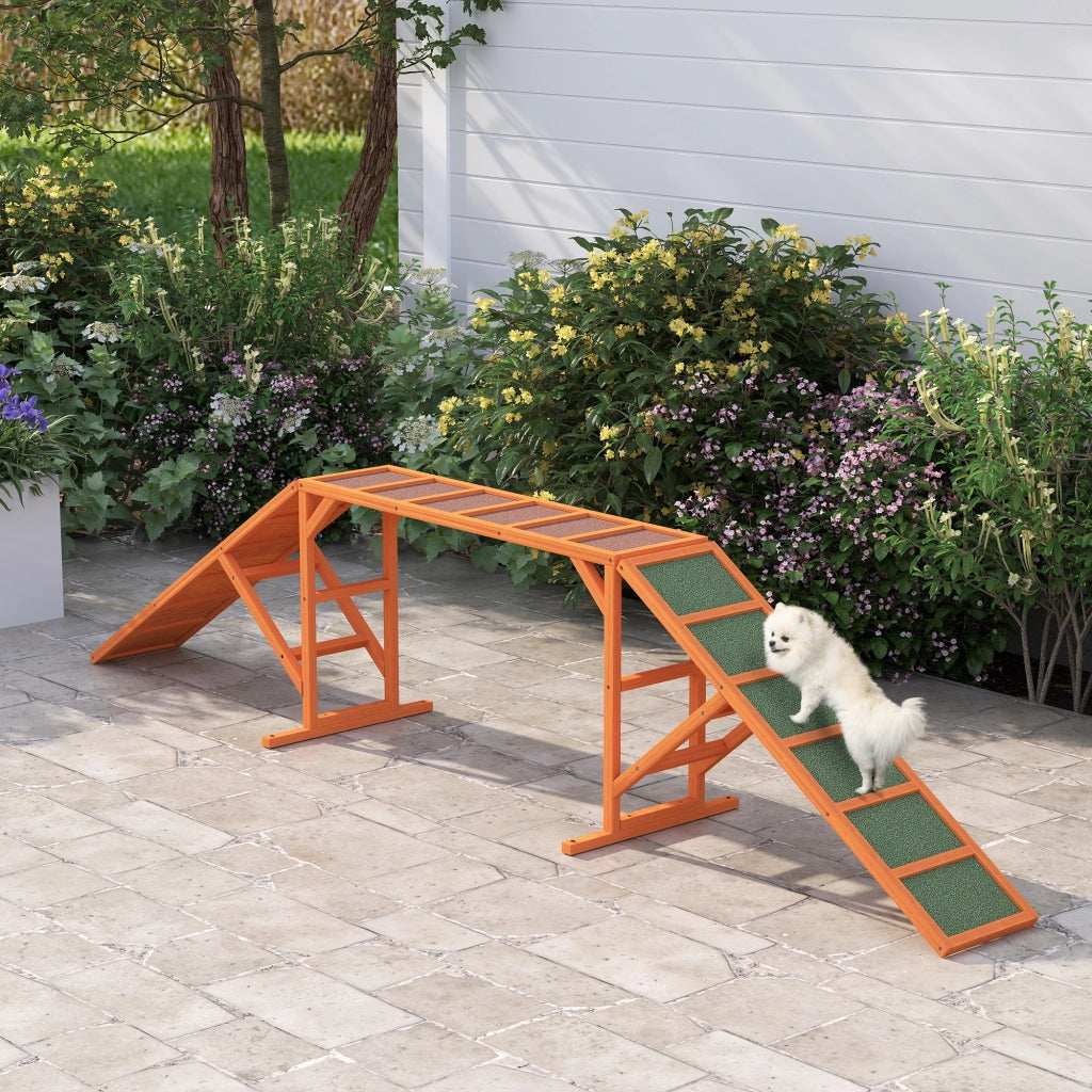 Passerella per agility cani con barra di sicurezza e superficie antiscivolo in legno arancione 325 × 55 × 69 cm