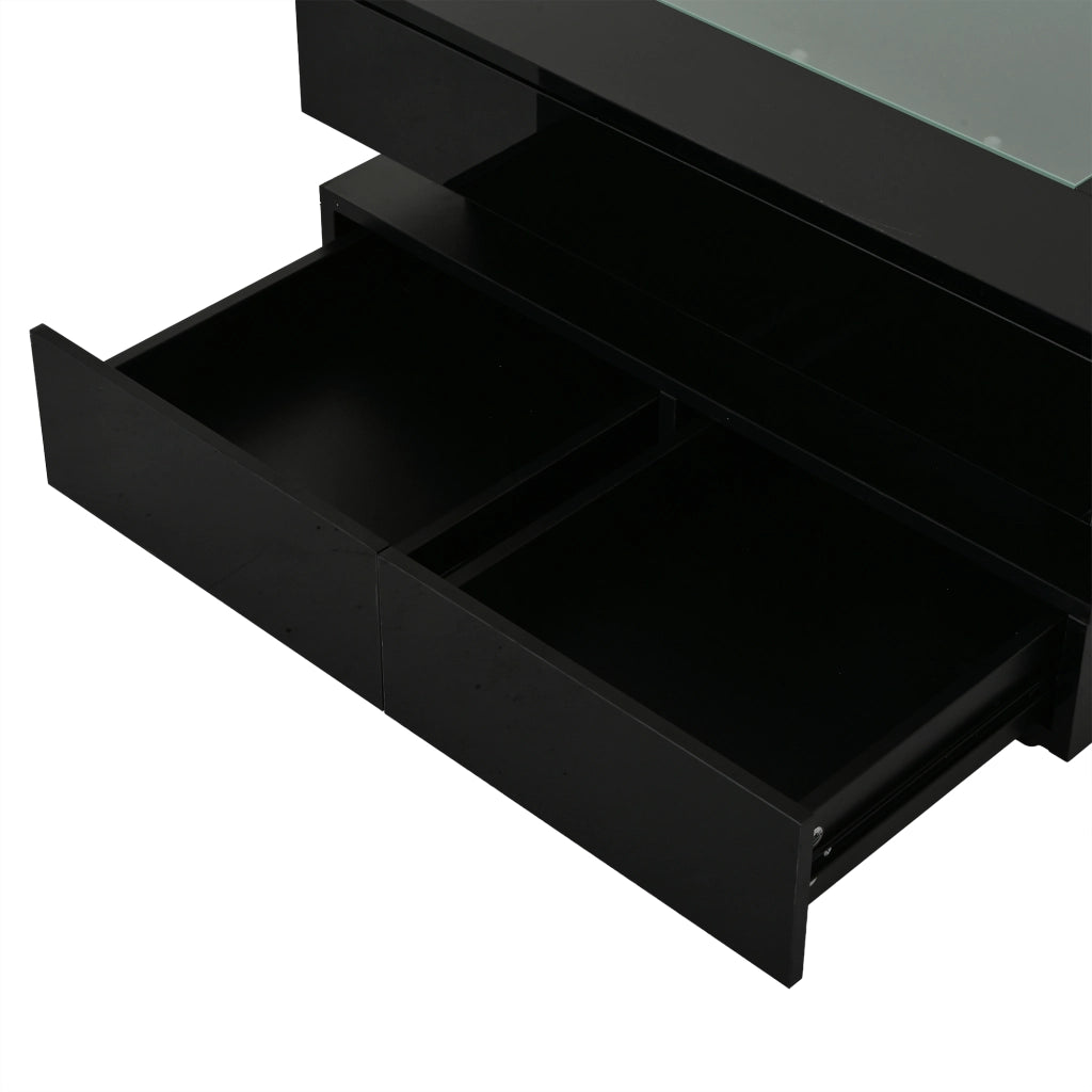 Tavolino basso quadrato con LED e 3 cassetti, piano in vetro temperato e finitura lucida nera 70 × 70 × 35 cm