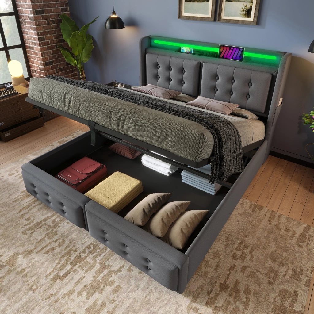 Letto matrimoniale 140 ¡Á 200 cm con materasso LED prese USB C contenitore in tessuto grigio