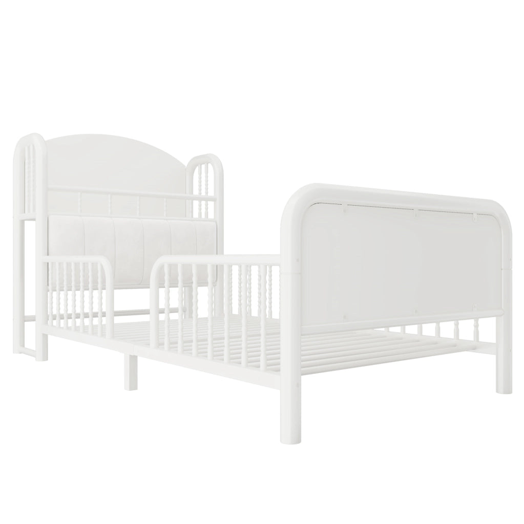 Letto singolo per bambini ULEVR 90x200 cm con sponde di sicurezza, testiera imbottita, vano e LED bianco