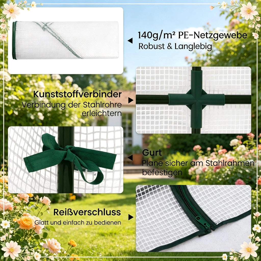 Serra da giardino con zip frontale; rivestimento in PE e struttura in acciaio bianca 143 × 143 × 195 cm