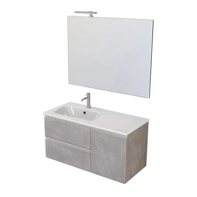 Mobile bagno sospeso 100 cm grigio cemento con cassetti e anta completo di lavabo a sinistra e specchio Master