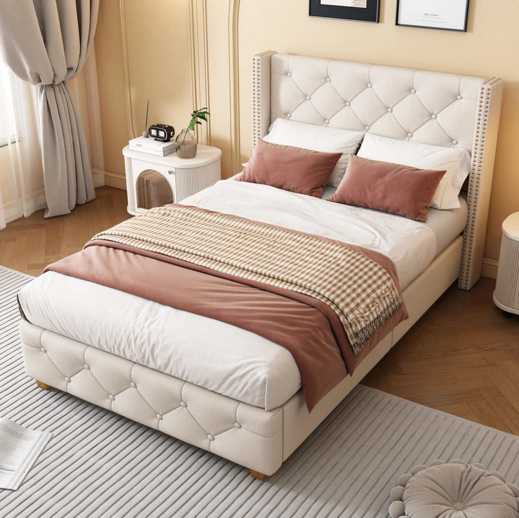 Letto imbottito 90x200 cm in lino beige con testiera trapuntata a bottoni e 12 doghe