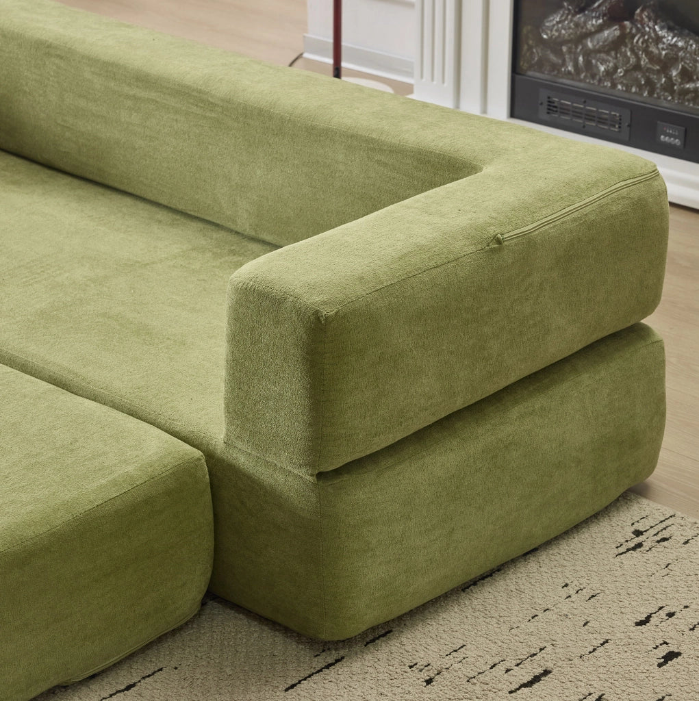 Divano modulare trasformabile in verde con 3 poggiapiedi, materasso in schiuma ad alta elasticità, divano-letto salvaspazio in tessuto ciniglia per monolocali e uffici domestici