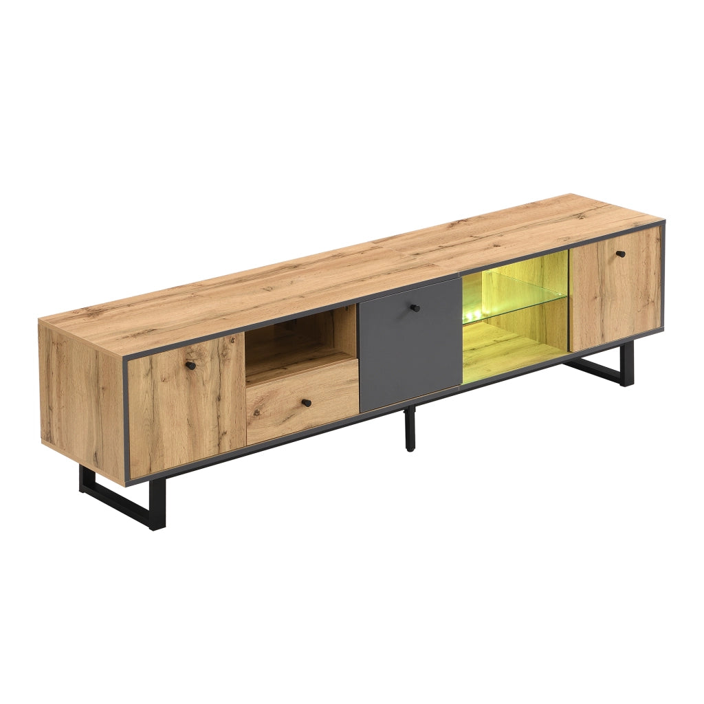 Mobile TV basso moderno con LED, ante con cerniere ammortizzate, 3 ante, 3 scomparti e 1 cassetto