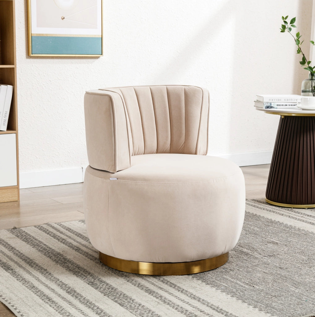 Sedia girevole moderna in velluto beige con struttura in legno e metallo, 62,5x62x69,5 cm, per soggiorno e camera da letto