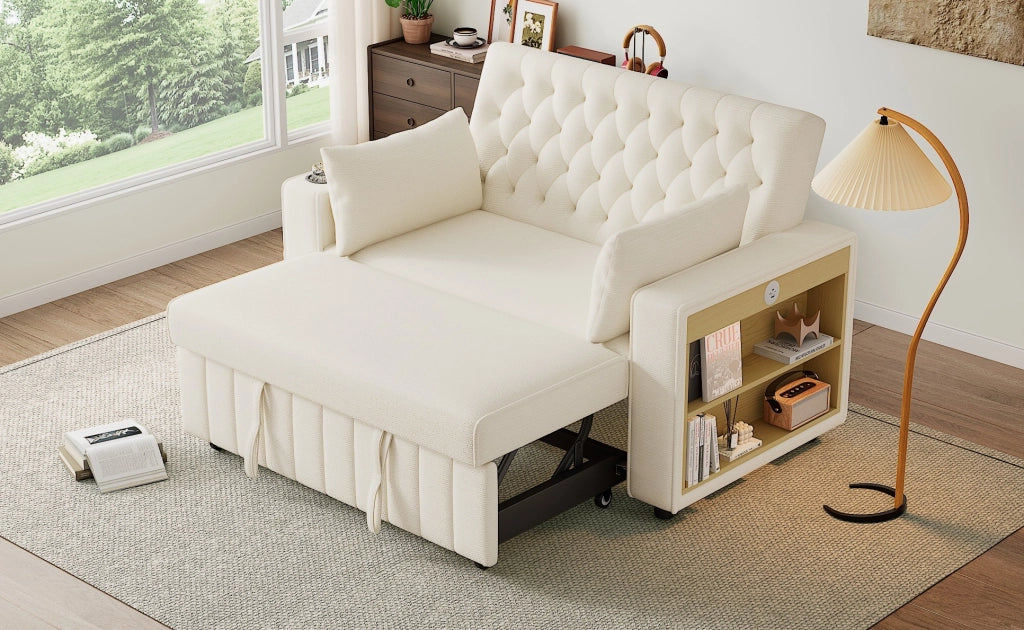 Divano Letto Multifunzionale Beige in Chenille con Contenitore, Porta USB e Porta Bicchieri, 2 Posti, 140x137x84 cm