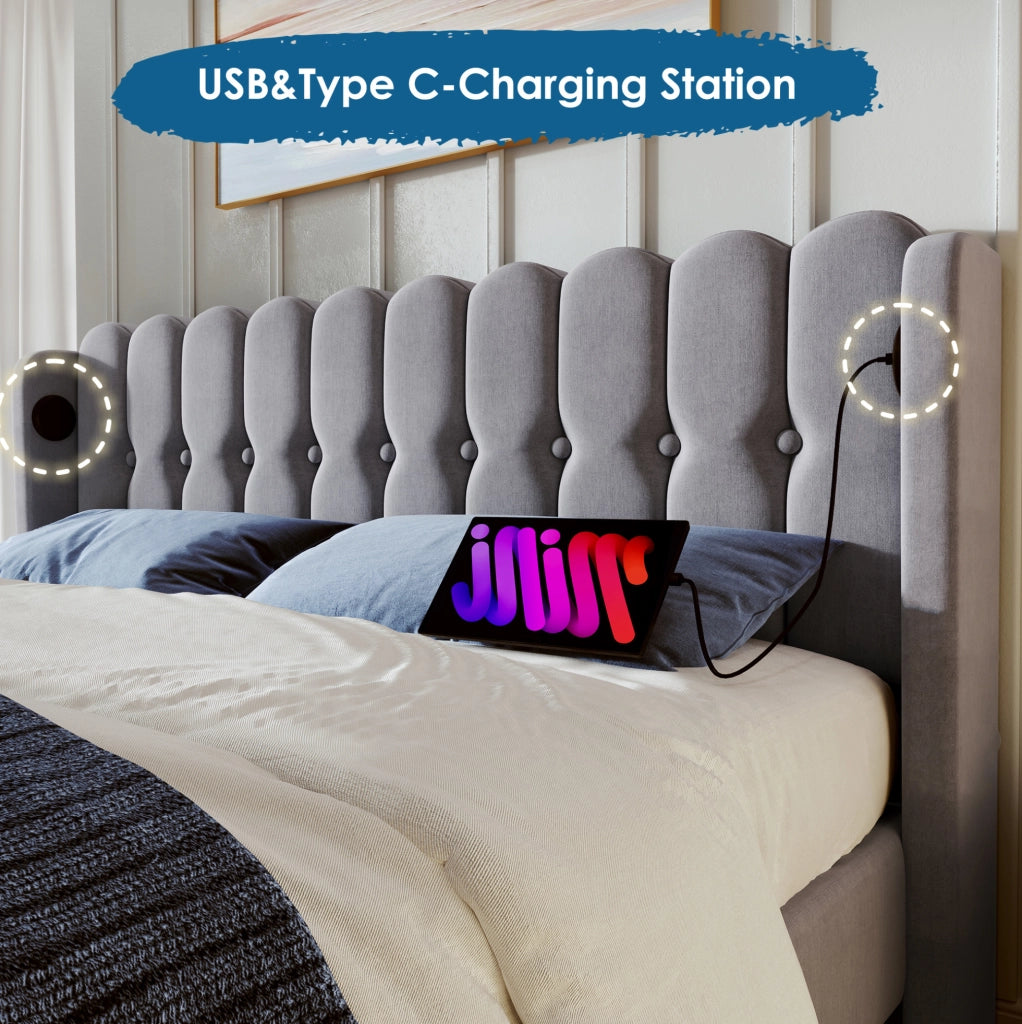 Letto imbottito 140x200 cm in lino grigio con USB e Type-C