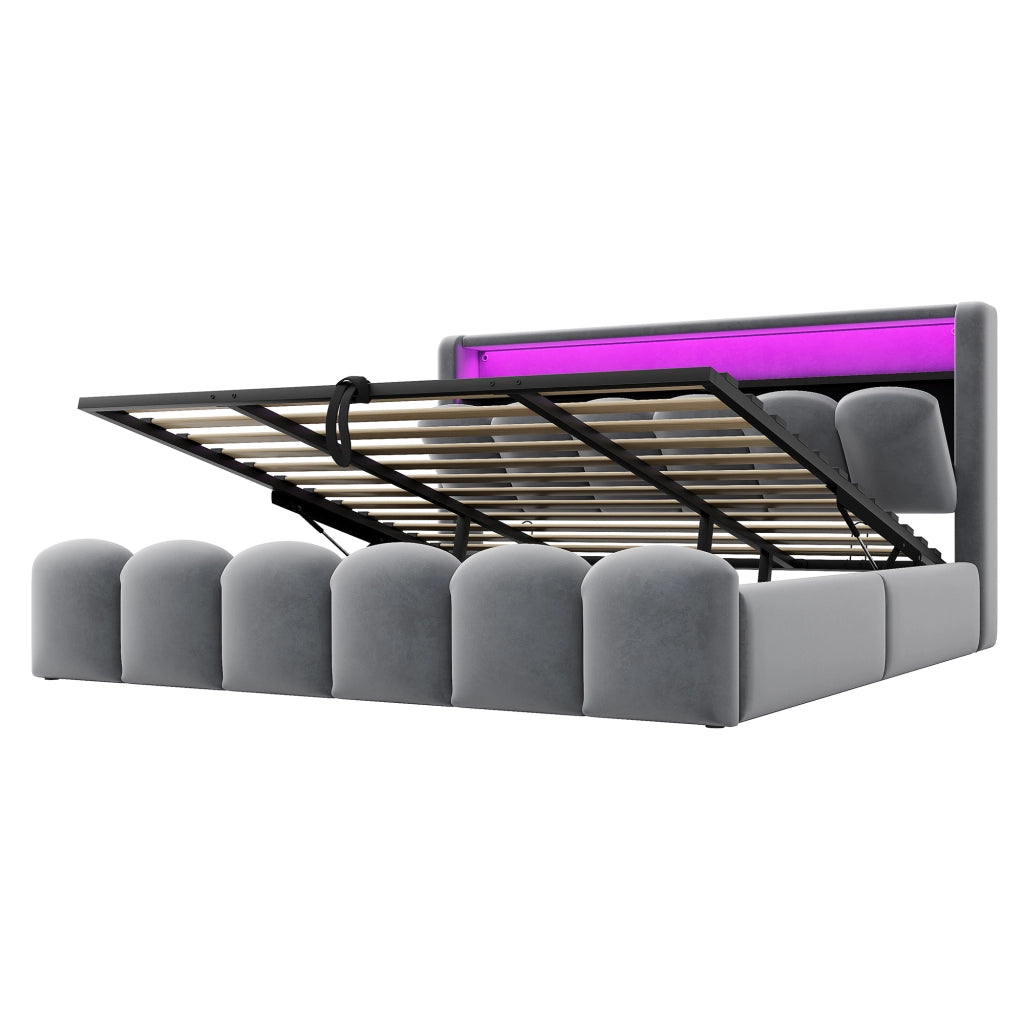 Letto matrimoniale con contenitore 180 × 200 cm imbottito in velluto con LED USB e Type-C grigio