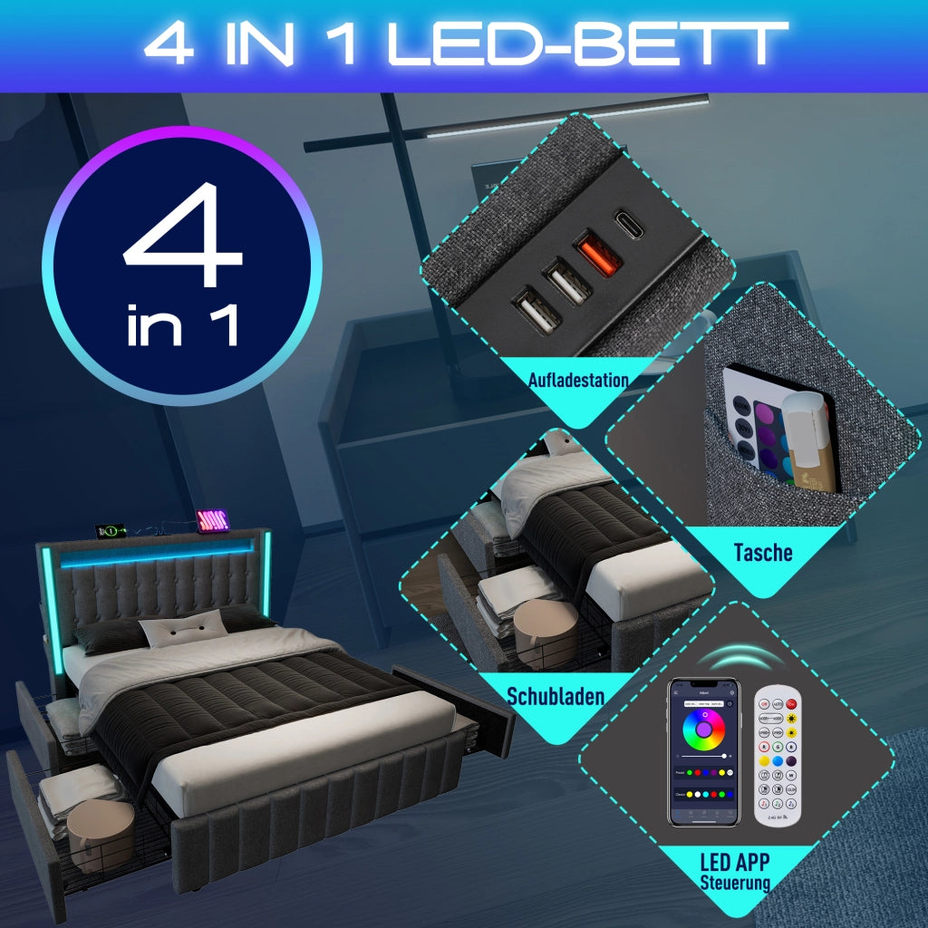 Letto con cassetti 160 × 200 cm con LED; ricarica USB e Type-C; rivestito in lino grigio con rete a doghe