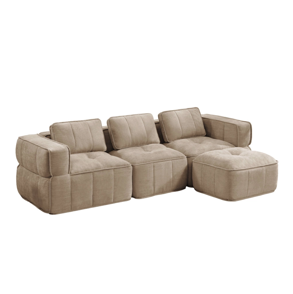 Divano angolare modulare 271x162x67 cm in poliestere sabbia con pouf
