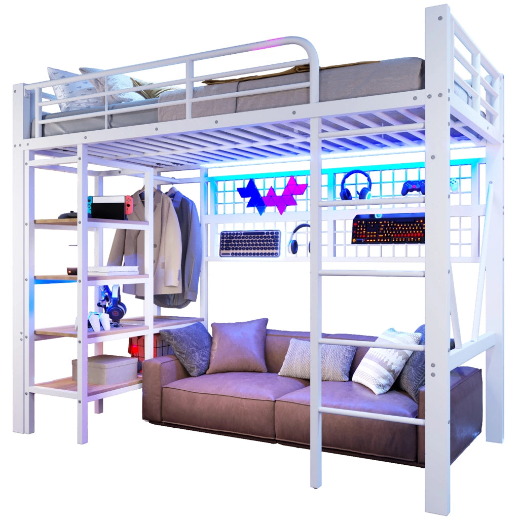 Letto a soppalco - Zephmum- 90x200 cm - Bianco - Telaio in ferro, ripiano, rete appendiabiti, spazio aperto, striscia LED