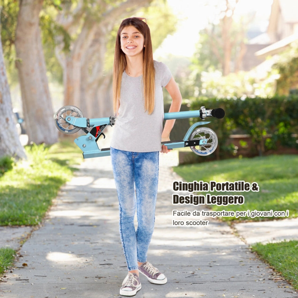 Monopattino a 2 ruote lampeggianti per bambini con musica altezza regolabile, Monopattino in alluminio Azzuro