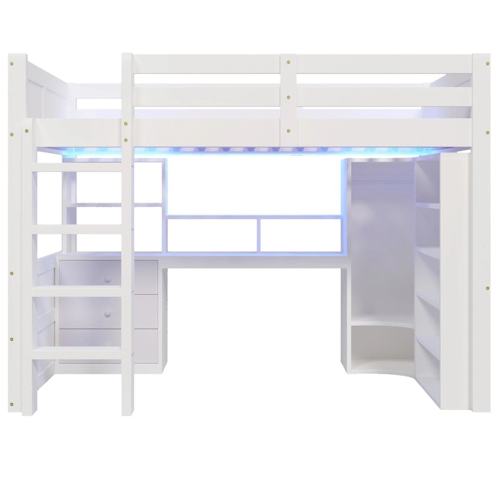 Letto a soppalco ¨C Minimal ¨C 140x200cm, bianco, con LED, armadio, scrivania, cassetti, senza materasso