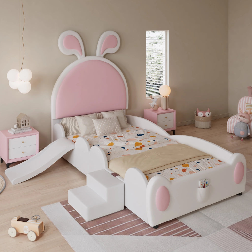 Letto singolo 90 × 200 cm con scivolo e scaletta testiera con orecchie in PU bianco e rosa