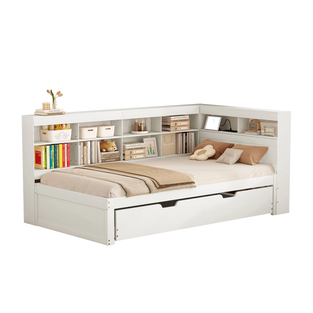 Letto singolo estraibile con presa USB e vani portaoggetti in legno bianco multifunzionale