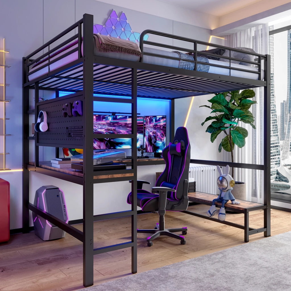 Letto a soppalco 140 × 200 cm con scrivania ripiani LED USB Type-C metallo e MDF nero
