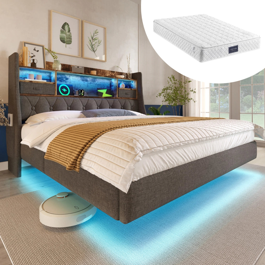 Letto matrimoniale 140 × 200 cm 2 posti con LED regolabile; 3 USB e Type-C; materasso incluso; lino grigio