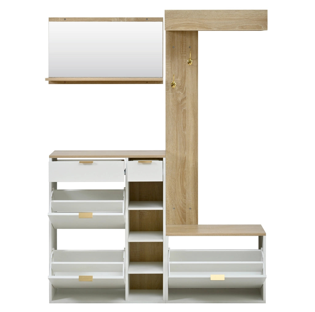 Set guardaroba da ingresso 4 pezzi con scarpiera; panca e specchio; 130 ¡Á 30 ¡Á 174 cm; bianco/naturale