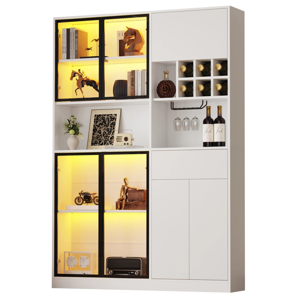 Vetrina ULEVR 140x30x200 cm con 7 ante, LED Bluetooth, portabicchieri e ripiani regolabili, bianca