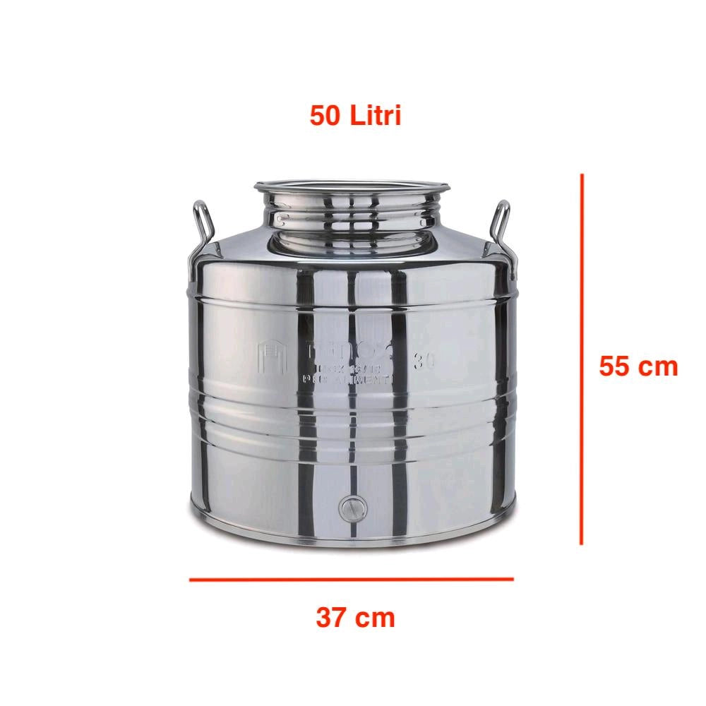 Contenitore Bidone Fusto In Acciaio Inox per Olio 50 Litri con Rubinetto e Supporto Portafusto
