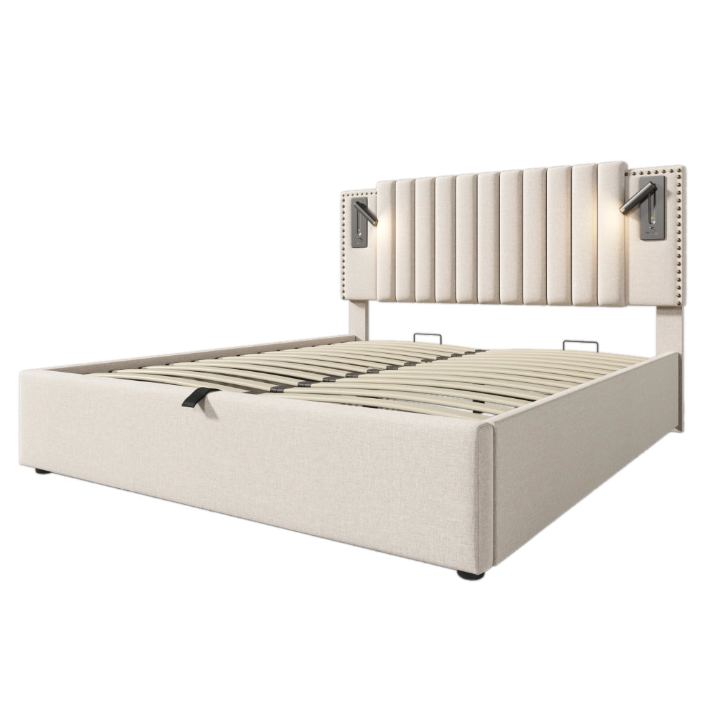 Letto per adulti 180x200 cm con vano contenitore; luci da lettura e porte USB/Type-C; cotone beige