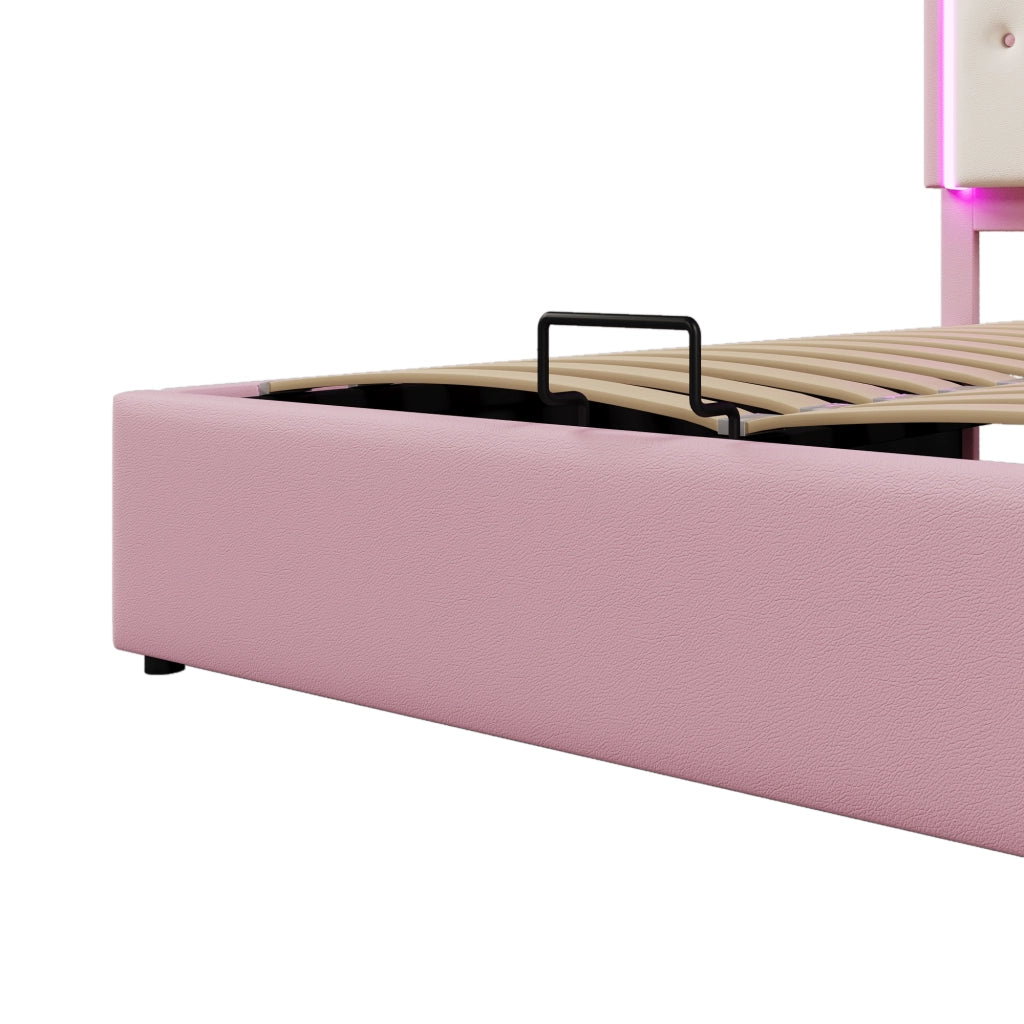 Letto Matrimoniale 140x200 cm; Letto con Contenitore; LED a Corona; in PU; Rosa